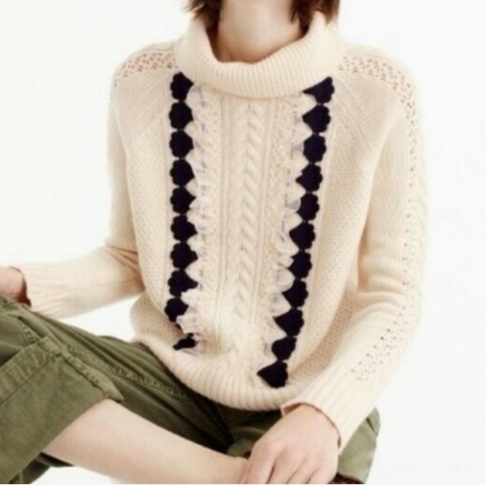 J Crew Ivory & Black Embellished Cable-Knit Wool Sweater - Heather Muslin Size M